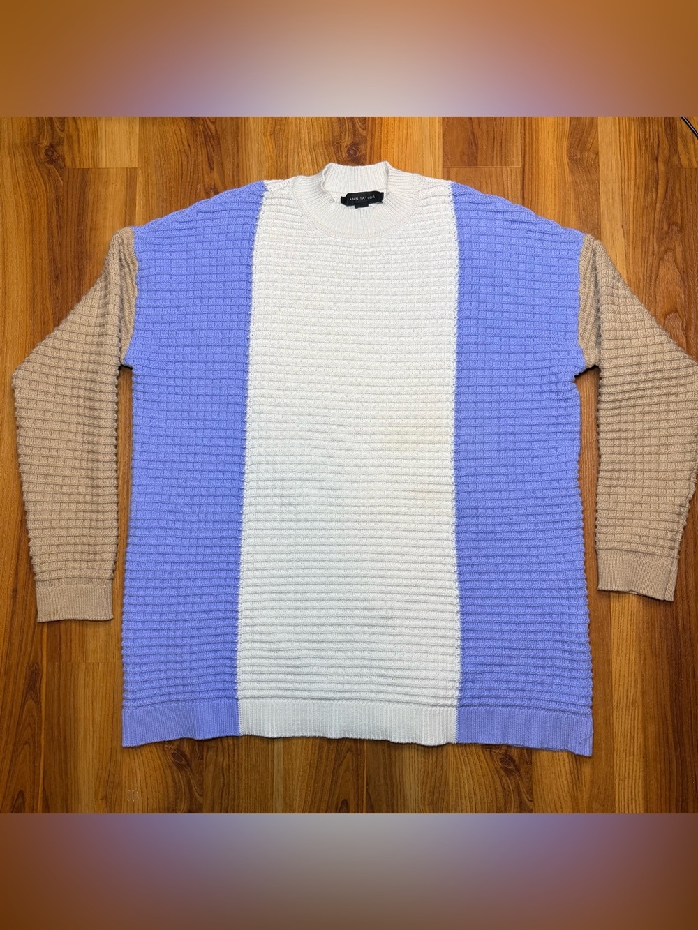 Ann Taylor Colorblock Crewneck Sweater — Lavender, Cream & Tan